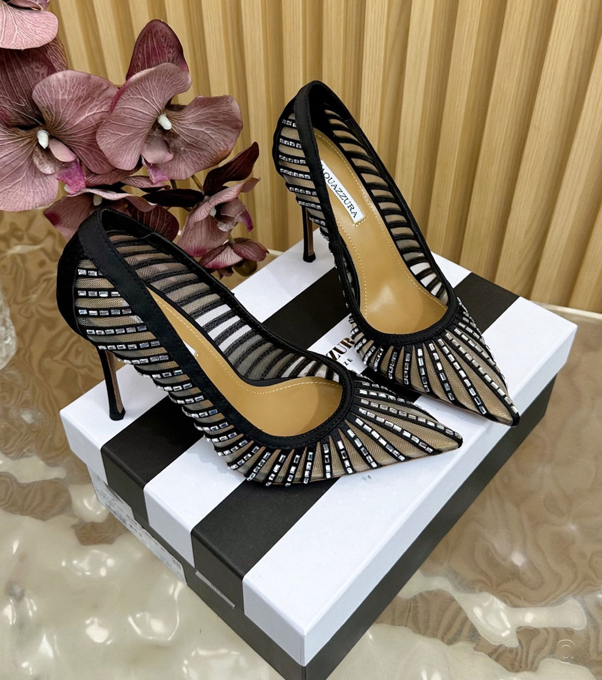 Passions Crystal 100 satin and mesh pumps