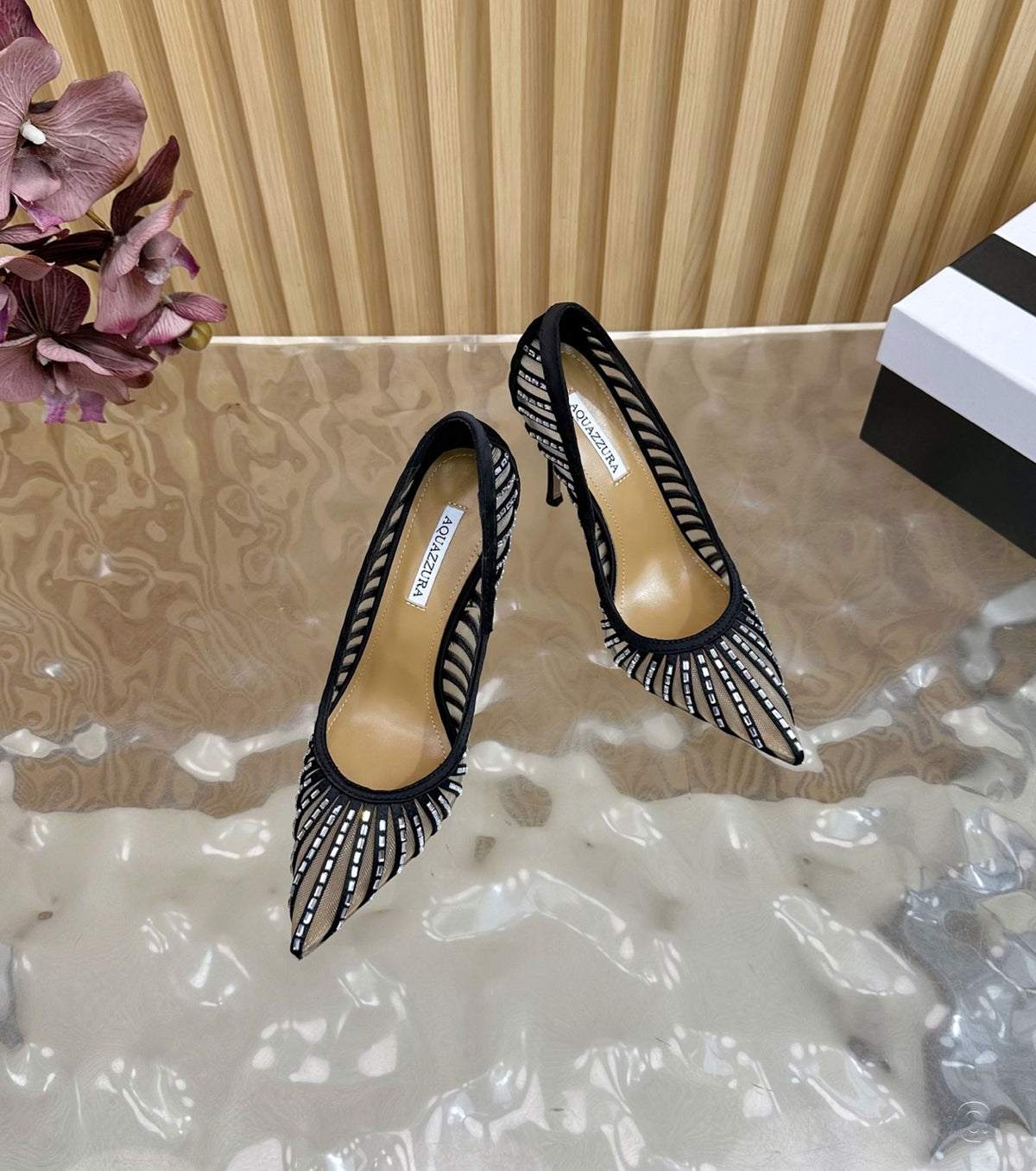 Passions Crystal 100 satin and mesh pumps