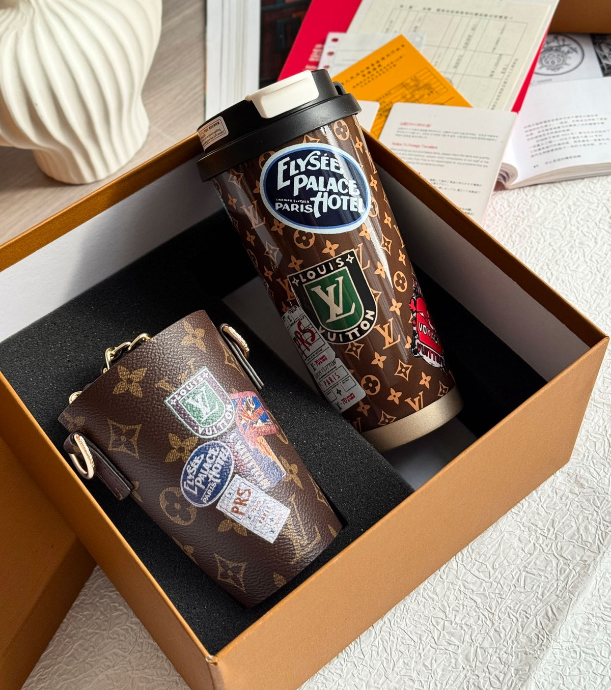 Monogram coffee cup and cup case