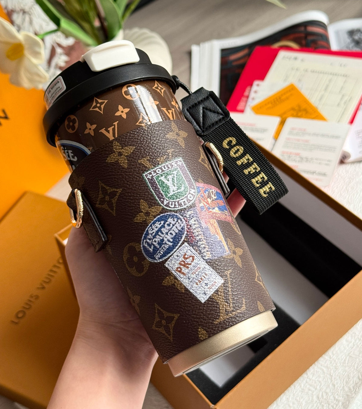 Monogram coffee cup and cup case