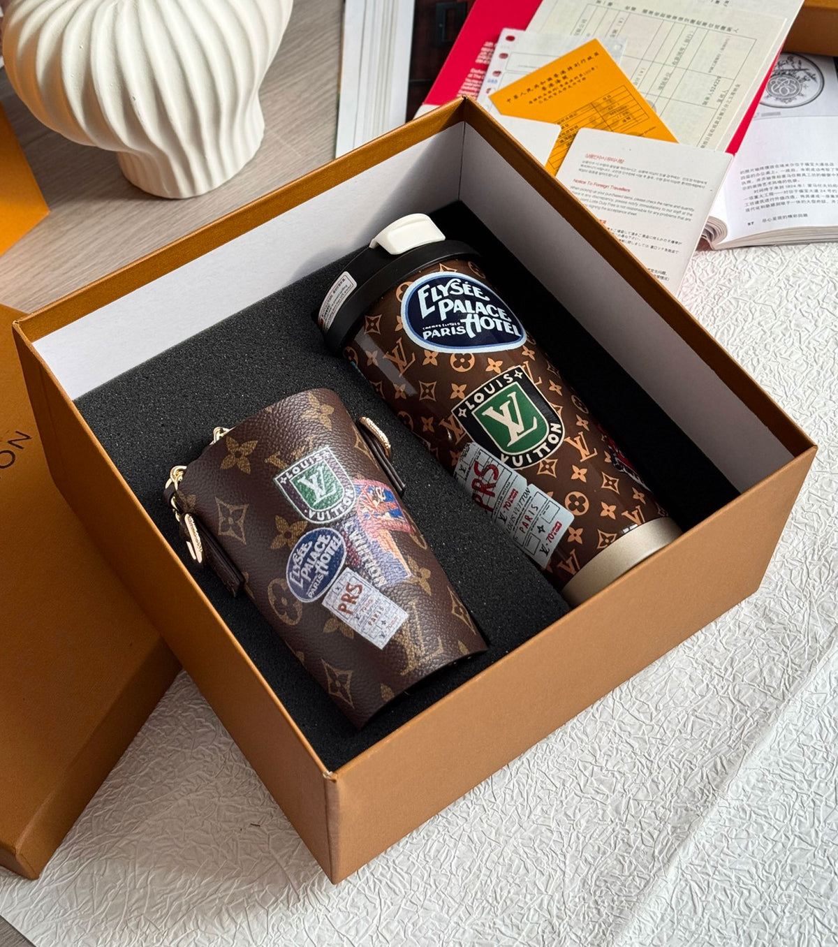 Monogram coffee cup and cup case