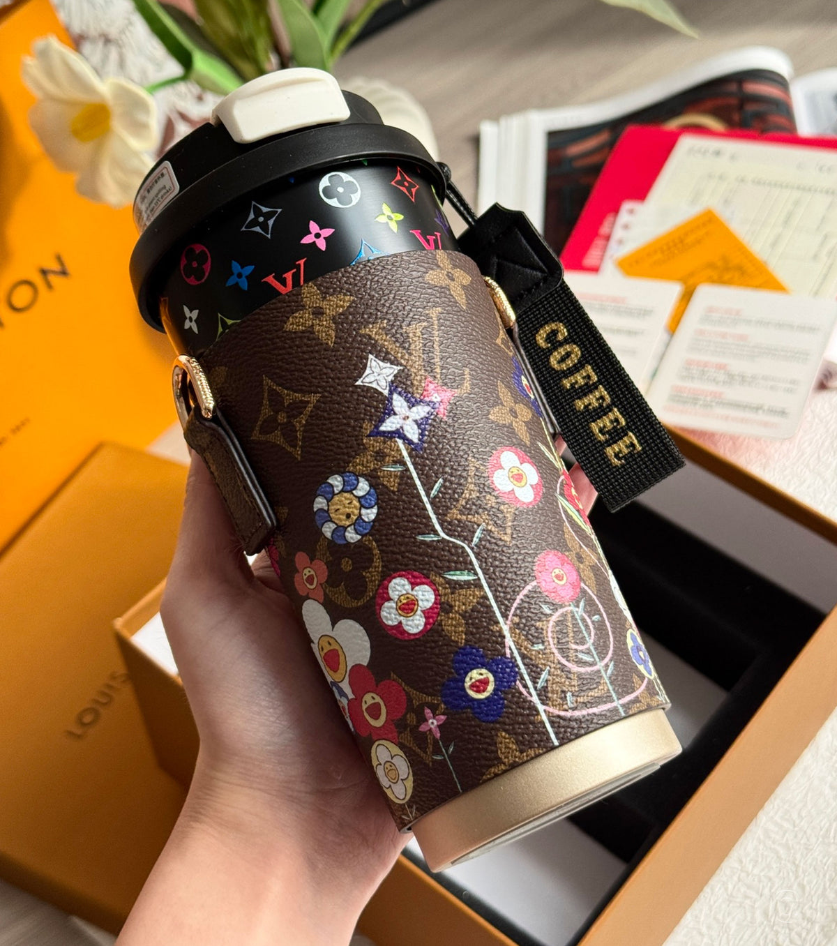 Monogram coffee cup and cup case