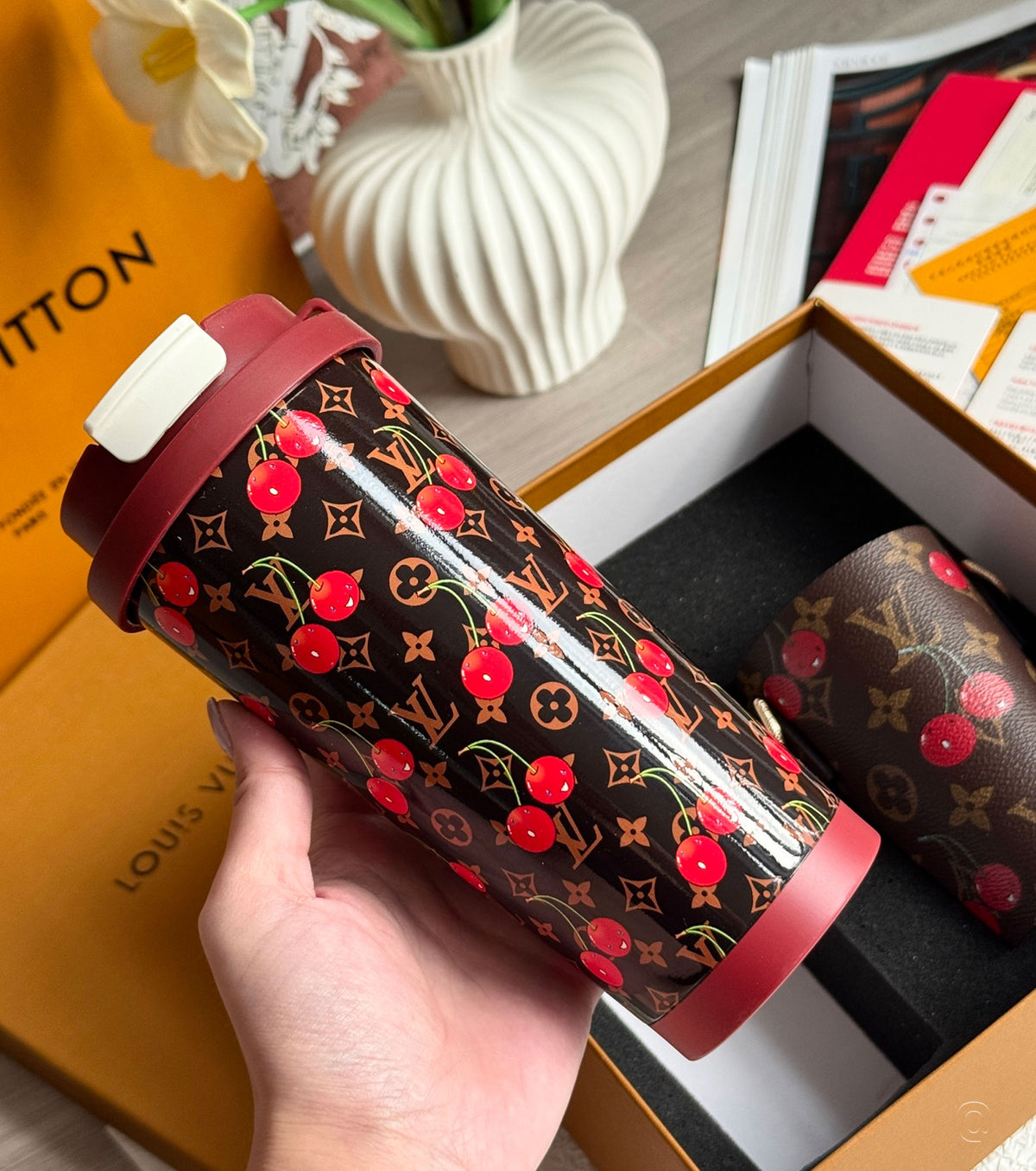 Monogram coffee cup and cup case