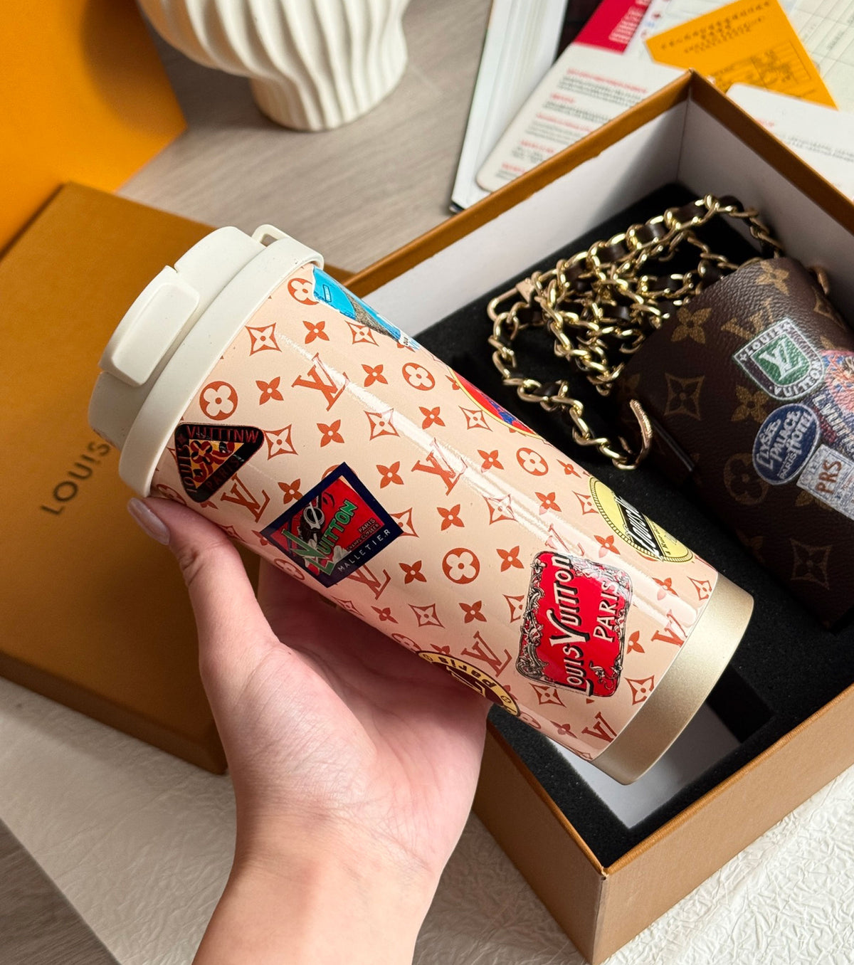 Monogram coffee cup and cup case