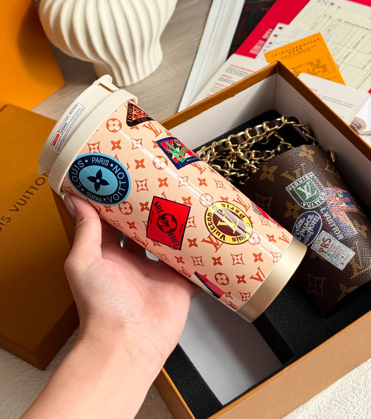 Monogram coffee cup and cup case