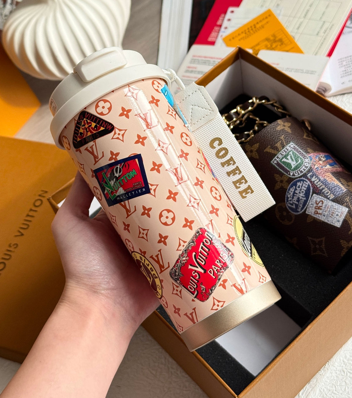 Monogram coffee cup and cup case