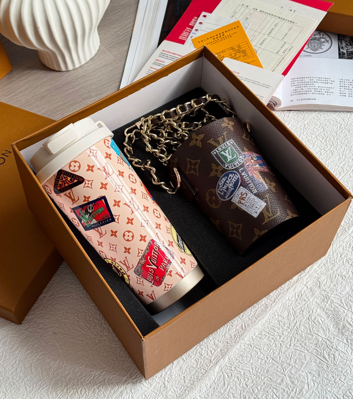 Monogram coffee cup and cup case