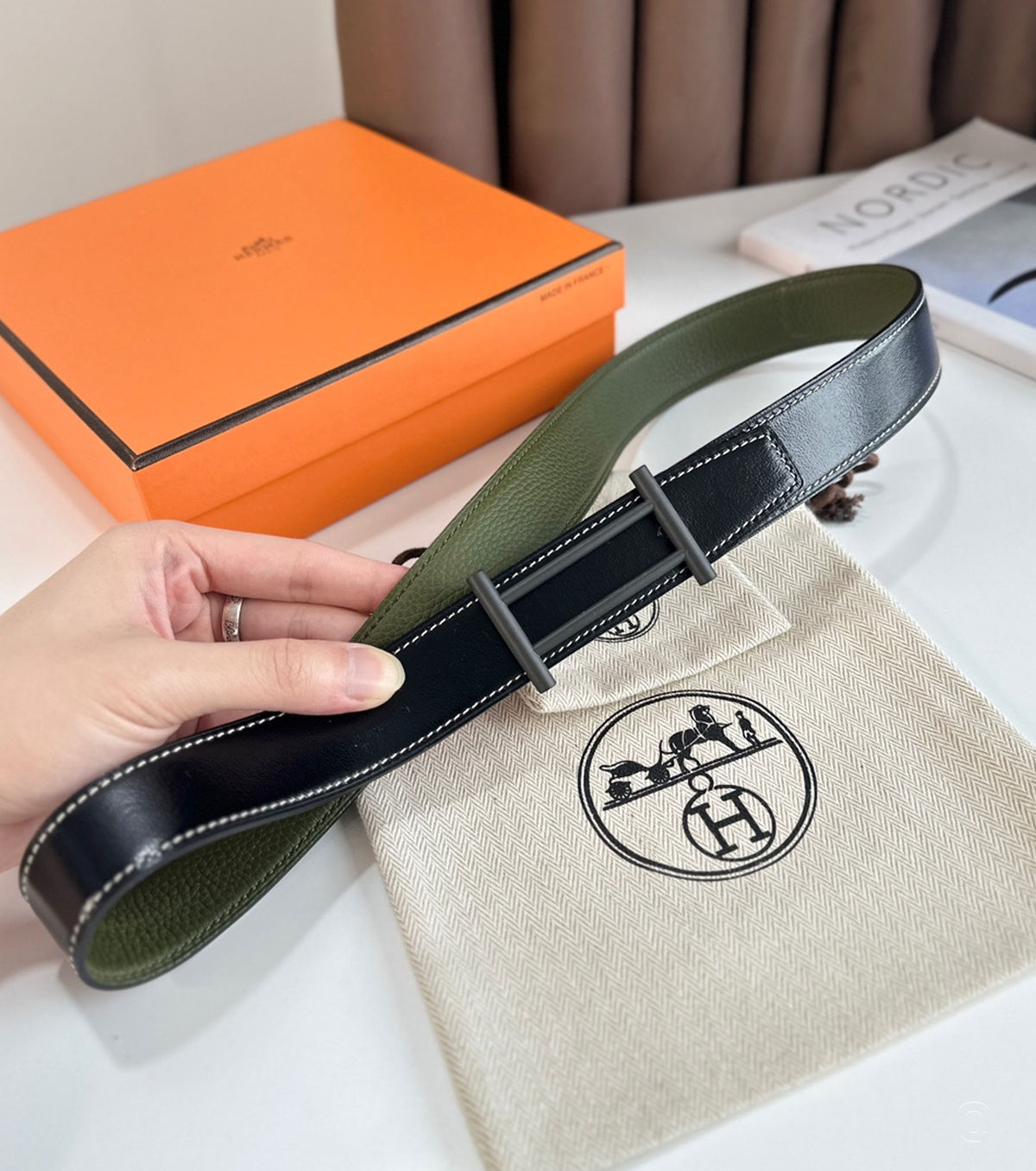 Rider belt buckle & Reversible leather strap 32 mm