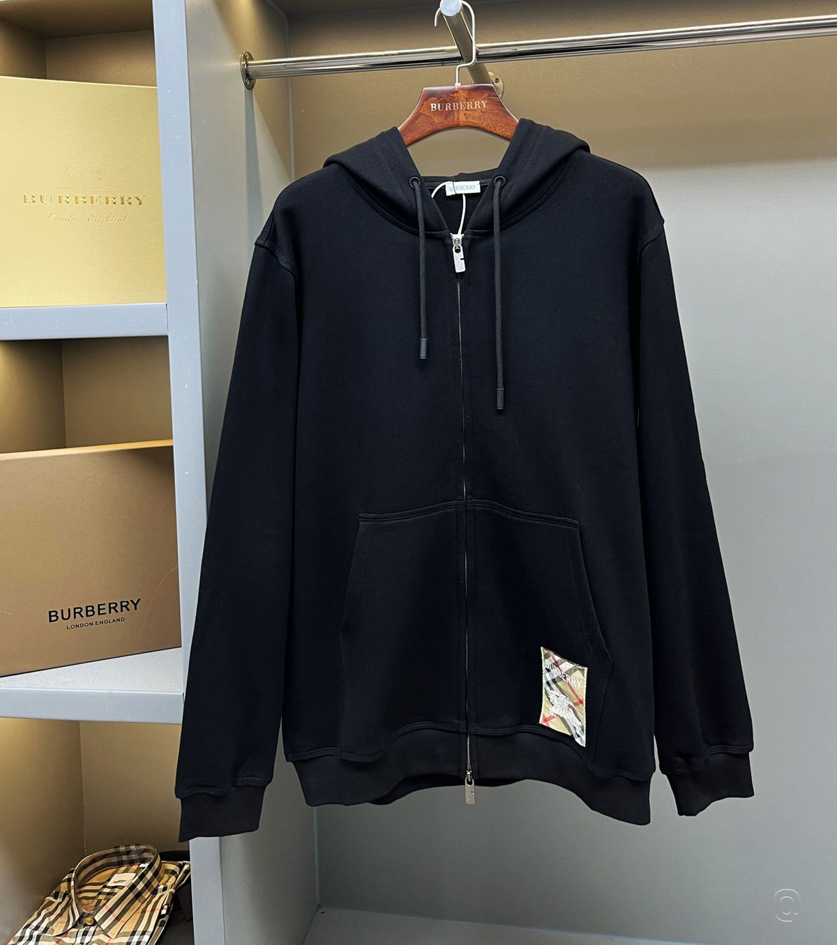 Check Label Cotton Zip Hoodie