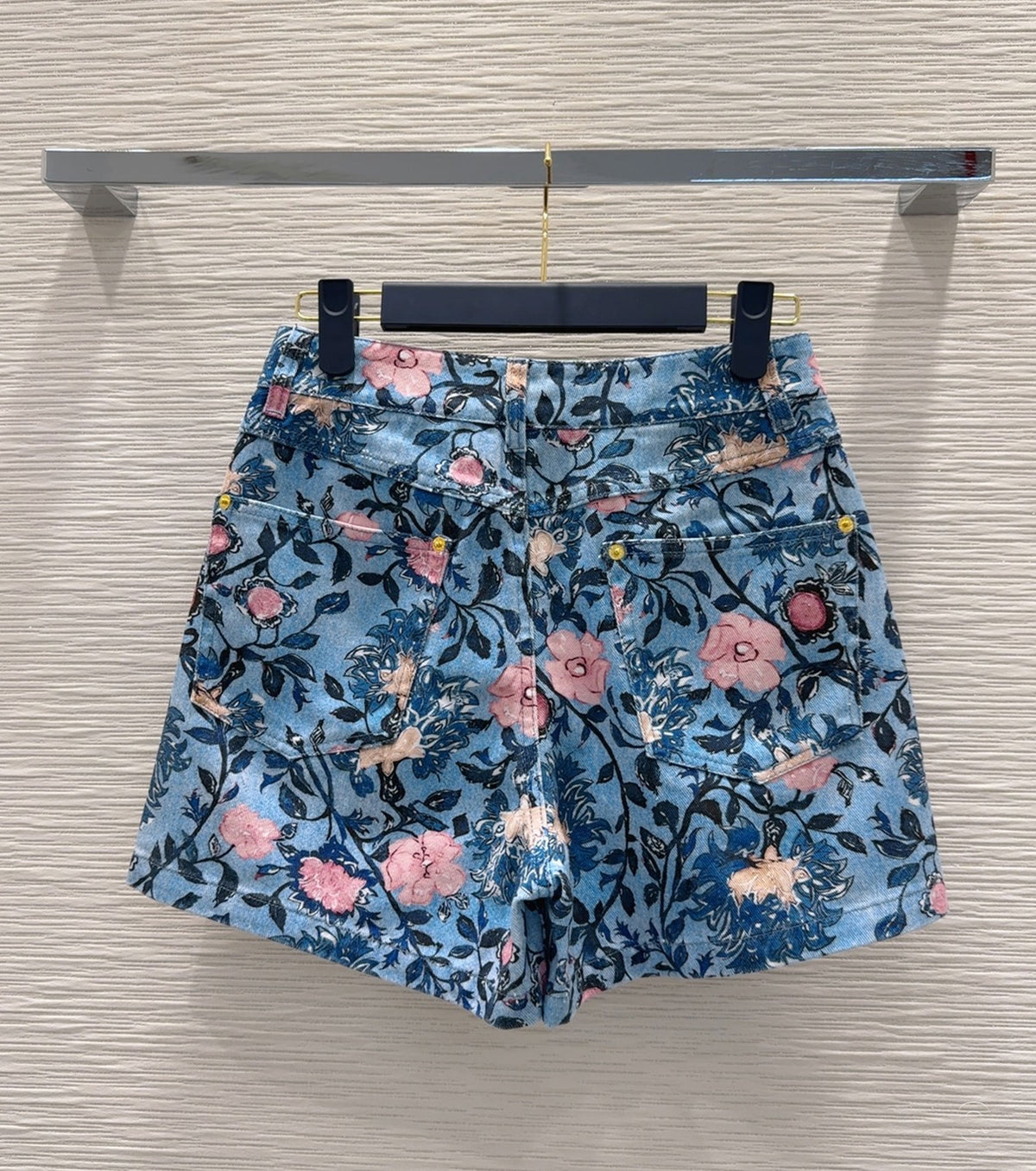 Printed denim shorts