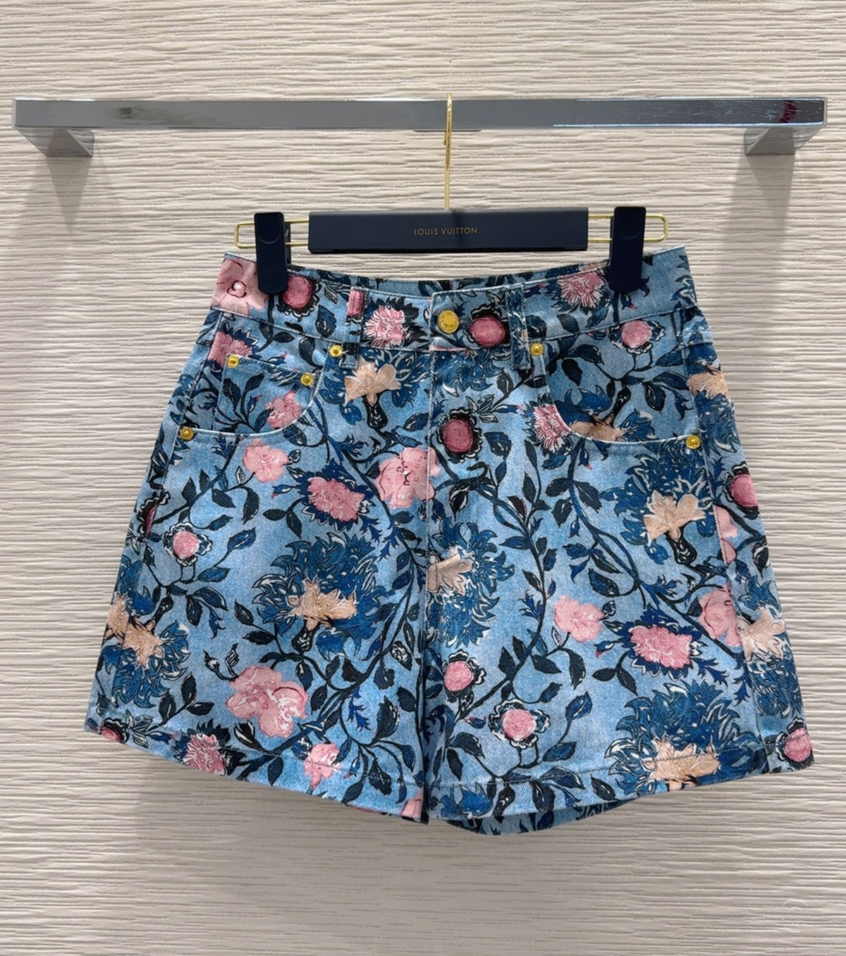 Printed denim shorts