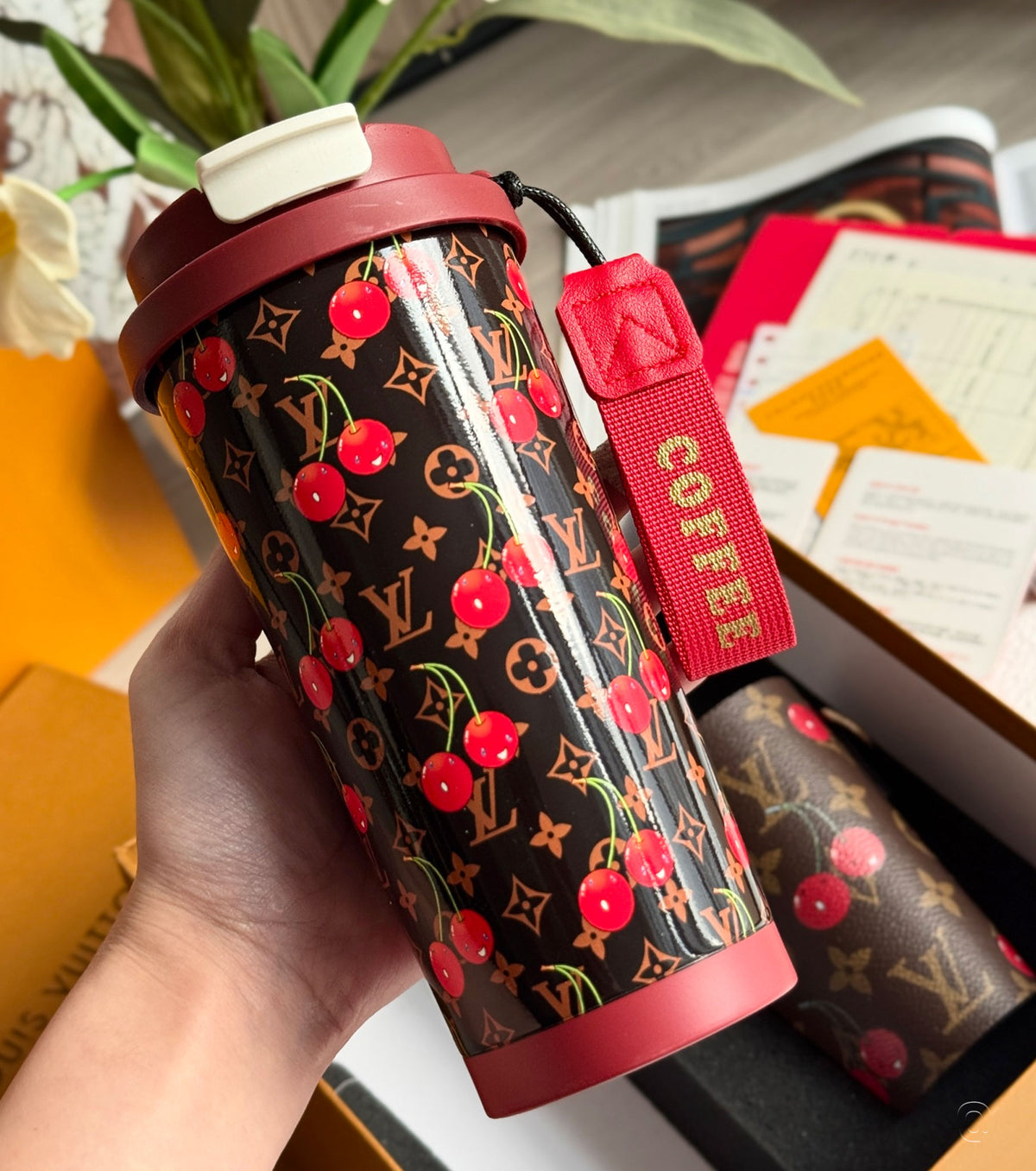 Monogram coffee cup and cup case