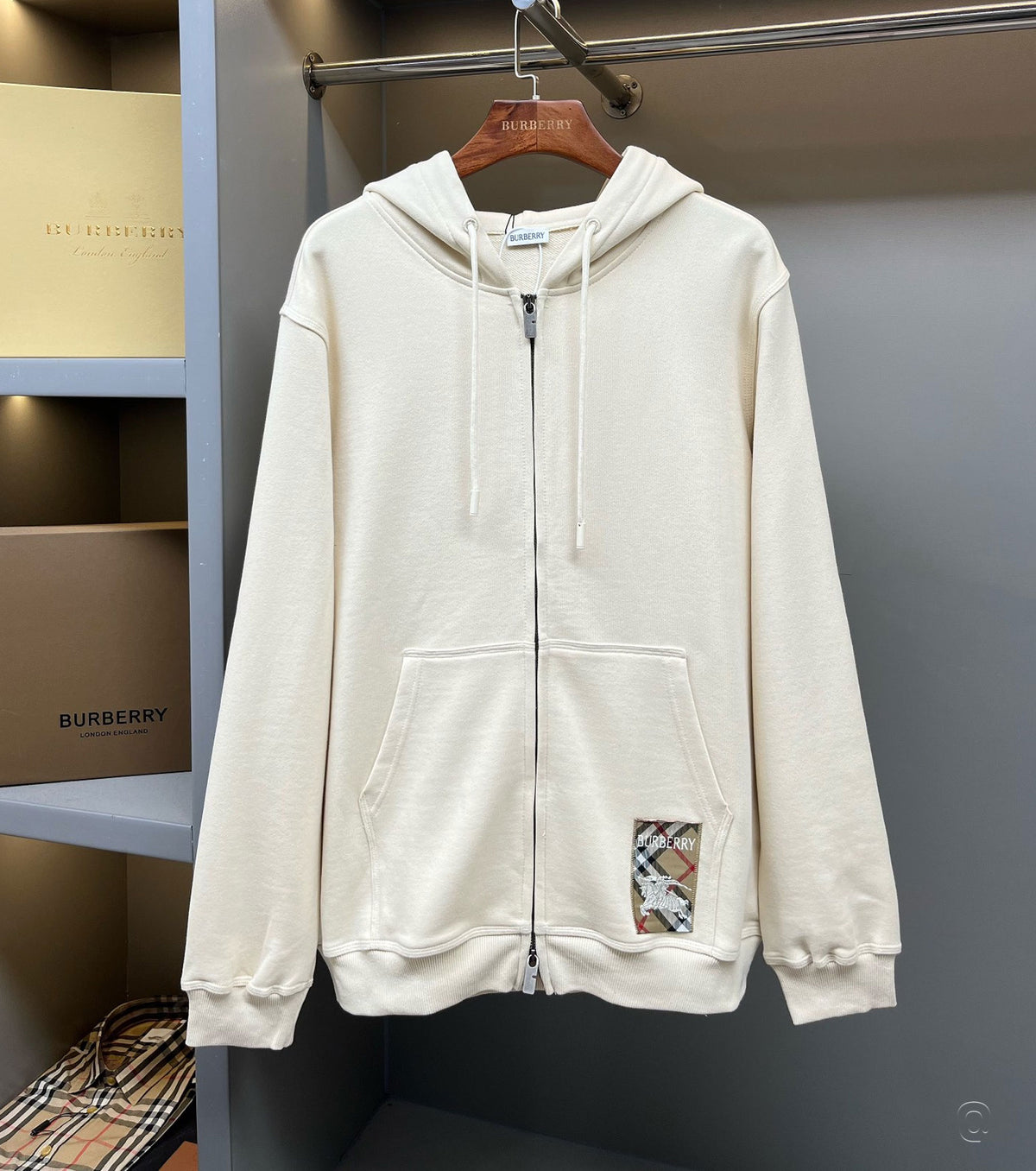 Check Label Cotton Zip Hoodie