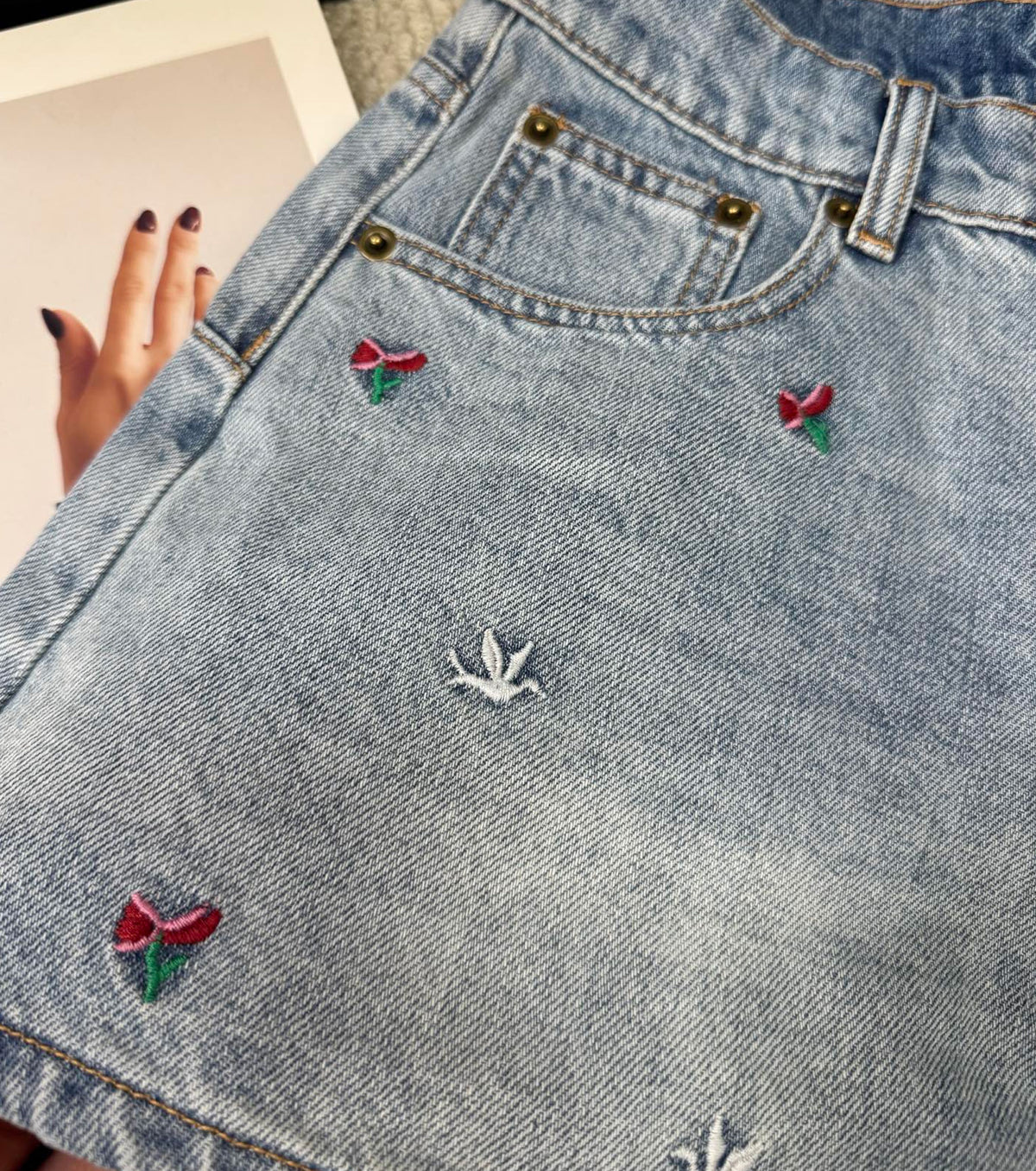 Embroidered denim shorts